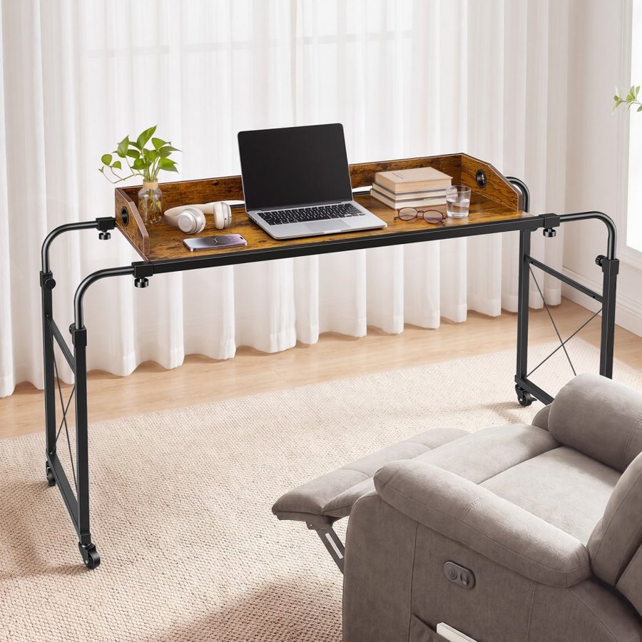 VEVOR Overbed Table 1060 x 360 mm Mobile Over Bed Desk with Swivel Wheels, for Bedroom Living Room Home Office, Adjustable Height & Length, Rolling Table with Side Storage Pocket & Raised Edge, Brown