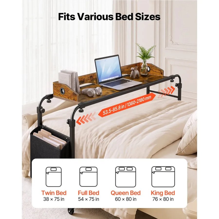 VEVOR Overbed Table 1060 x 360 mm Mobile Over Bed Desk with Swivel Wheels, for Bedroom Living Room Home Office, Adjustable Height & Length, Rolling Table with Side Storage Pocket & Raised Edge, Brown