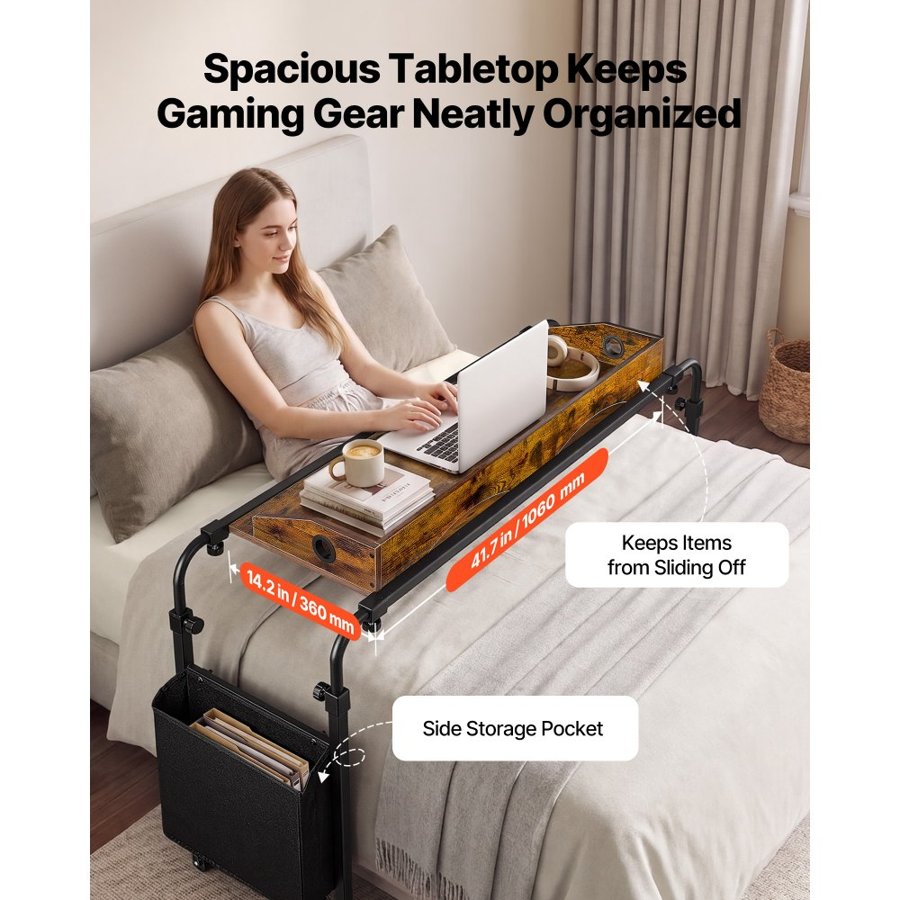 VEVOR Overbed Table 1060 x 360 mm Mobile Over Bed Desk with Swivel Wheels, for Bedroom Living Room Home Office, Adjustable Height & Length, Rolling Table with Side Storage Pocket & Raised Edge, Brown
