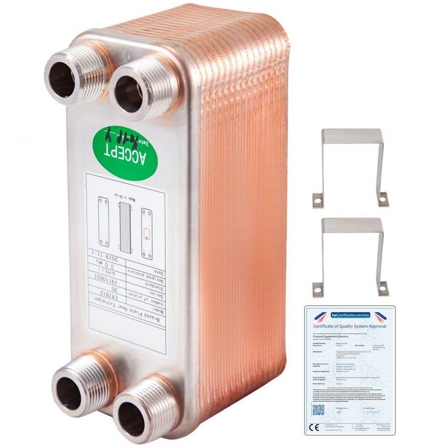 VEVOR Heat Exchanger 3/4” MNPT Ports Brazed Plate Heat Exchanger 30 Plate heat exchanger plate exchanger Stainless Steel 316L Flat Plate Heat Exchanger Plate Chiller Wort for Hydronic Heating