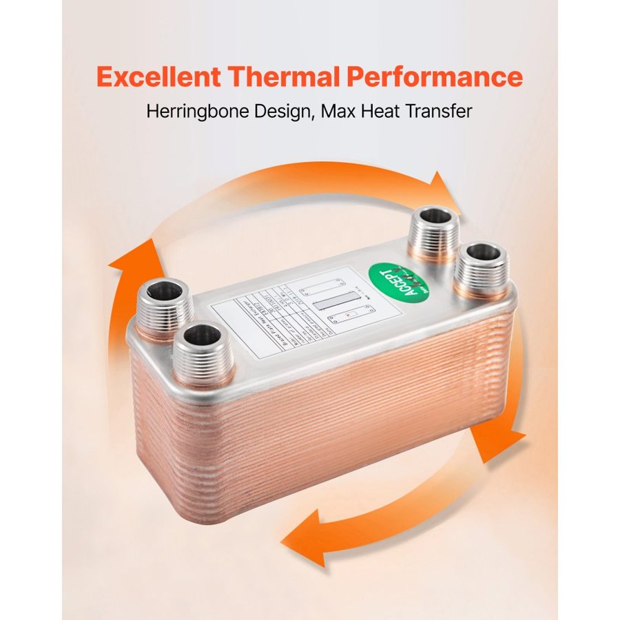 VEVOR Heat Exchanger 3/4” MNPT Ports Brazed Plate Heat Exchanger 30 Plate heat exchanger plate exchanger Stainless Steel 316L Flat Plate Heat Exchanger Plate Chiller Wort for Hydronic Heating