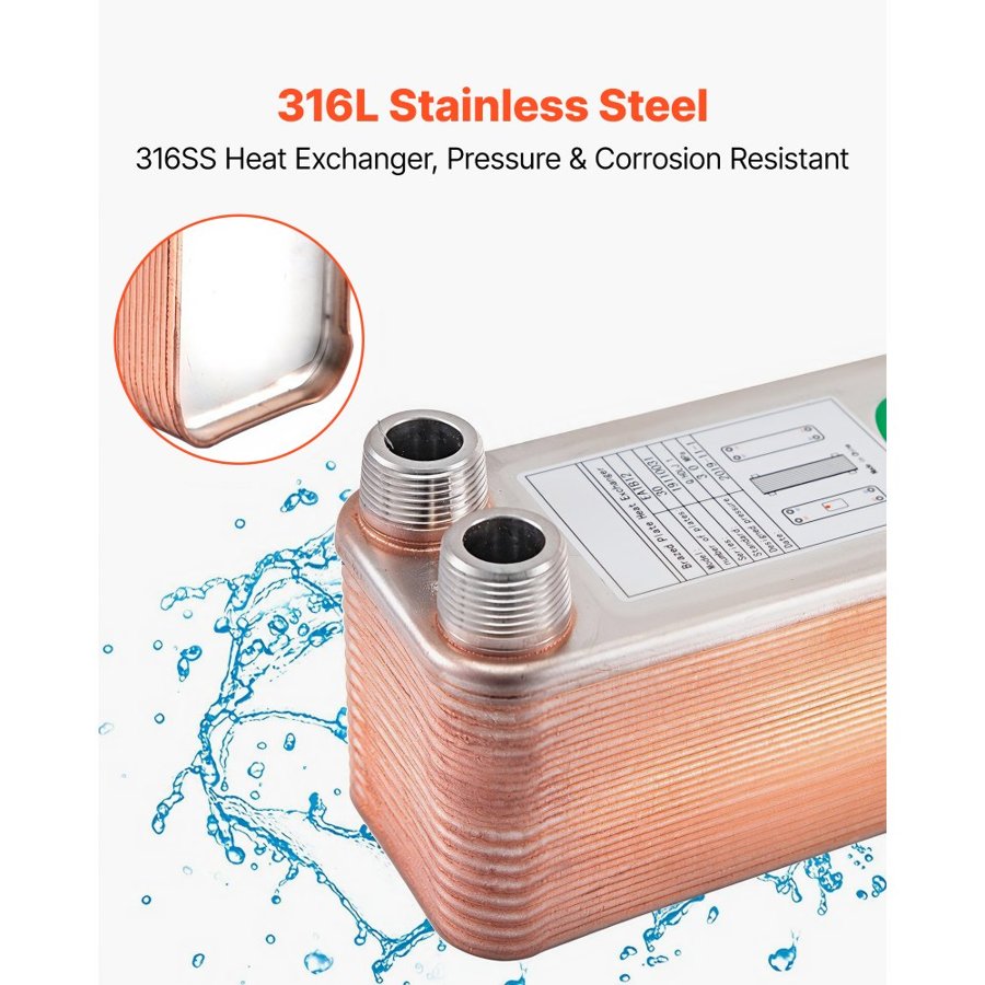 VEVOR Heat Exchanger 3/4” MNPT Ports Brazed Plate Heat Exchanger 30 Plate heat exchanger plate exchanger Stainless Steel 316L Flat Plate Heat Exchanger Plate Chiller Wort for Hydronic Heating