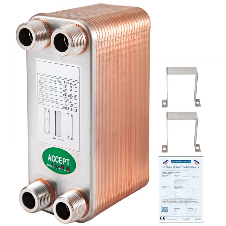 VEVOR Heat Exchanger 3/4” MNPT Ports Brazed Plate Heat Exchanger 40 Plate heat exchanger plate exchanger Stainless Steel 316L Flat Plate Heat Exchanger Plate Chiller Wort for Hydronic Heating