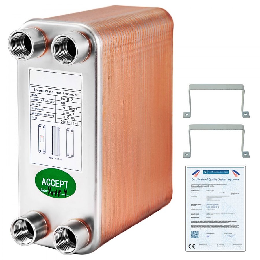 VEVOR Heat Exchanger Brazed Plate Heat Exchanger 1/2” BSP FPT Ports 60 Plate heat exchanger 60 plate exchanger Stainless Steel 316L flat plate heat exchanger for Hydronic Heating
