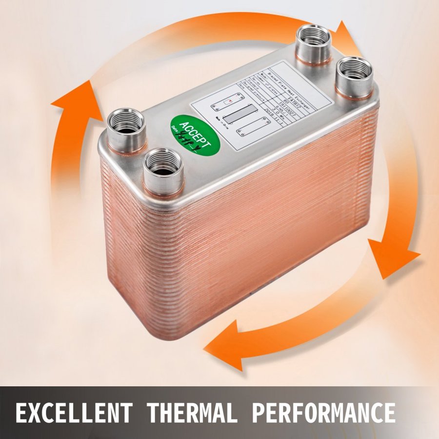 VEVOR Heat Exchanger Brazed Plate Heat Exchanger 1/2” BSP FPT Ports 60 Plate heat exchanger 60 plate exchanger Stainless Steel 316L flat plate heat exchanger for Hydronic Heating