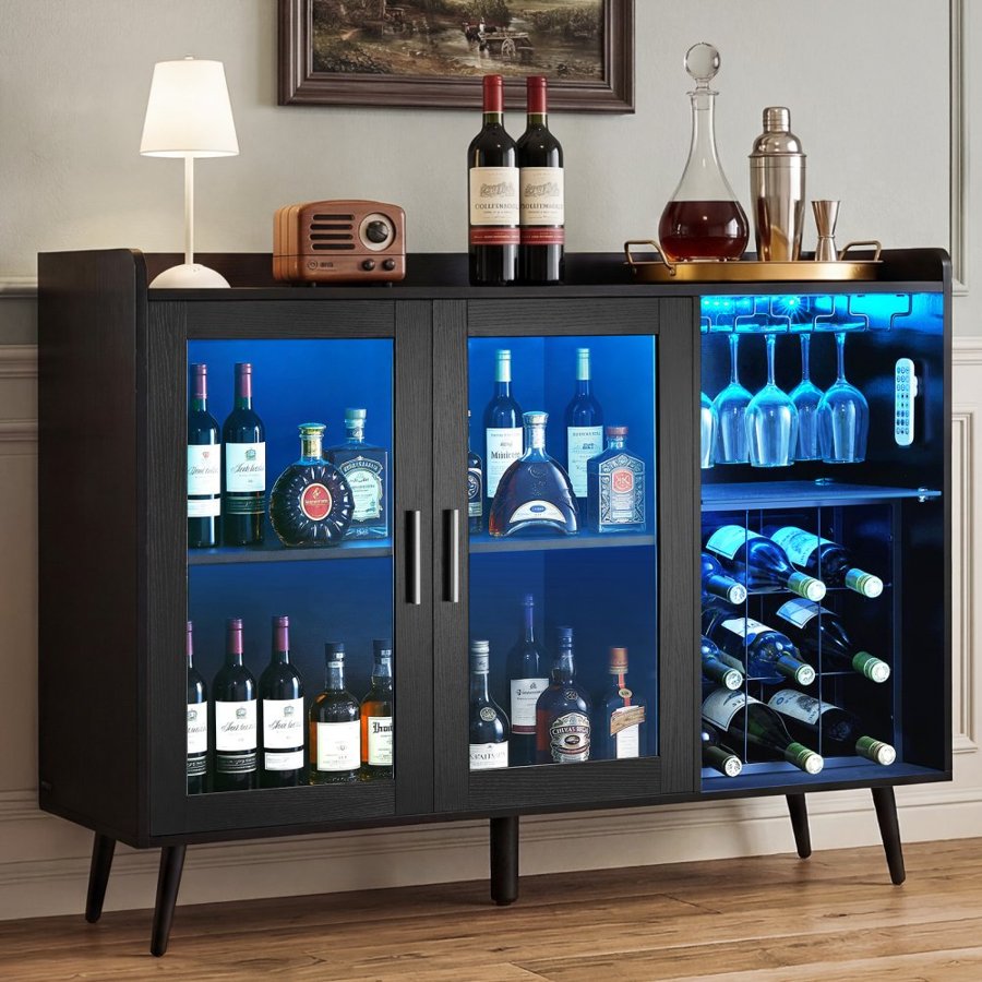 VEVOR Bar Cabinet with Wine Rack – 9-Bottle, LED, 47.2"