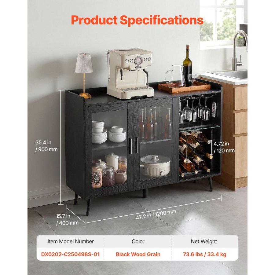 VEVOR Bar Cabinet with Wine Rack – 9-Bottle, LED, 47.2"