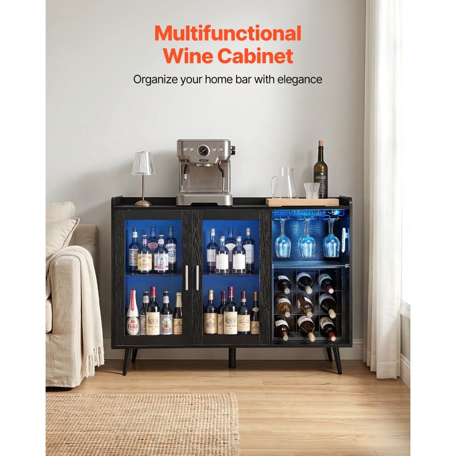 VEVOR Bar Cabinet with Wine Rack – 9-Bottle, LED, 47.2"