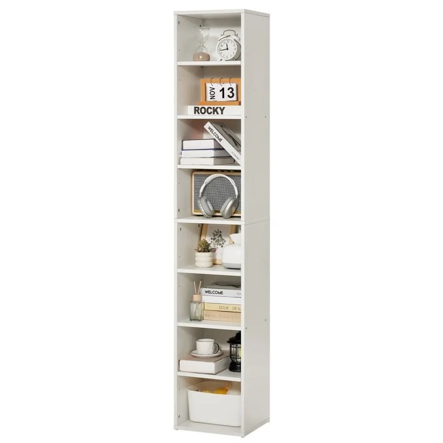 VEVOR 8 Tiers Narrow Bookshelf, 71 in Wooden Tall Open Bookcase with  Height-Adjustable Shelf, Freestanding Display Storage Floor Bookcase Bookshelf for Library, Bedroom, Living Room, Office, White