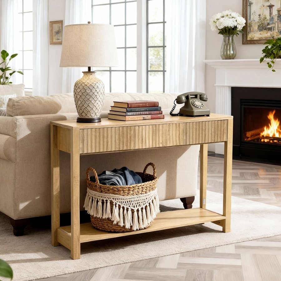 VEVOR 120 cm Console Table, Farmhouse Desk Behind the Couch with Drawers and Bottom Storage Shelf, Wooden Rectangle Entrance Narrow Sofa Table for Hallway, Bedroom, Living Room, Foyer, Burlywood