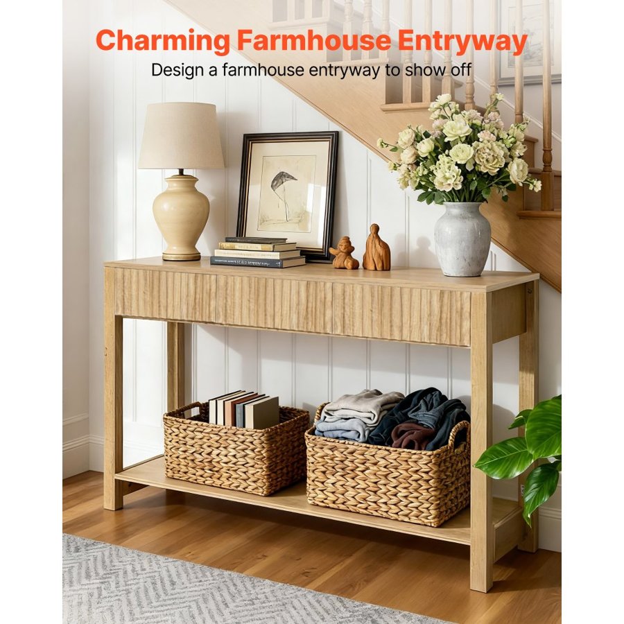 VEVOR 120 cm Console Table, Farmhouse Desk Behind the Couch with Drawers and Bottom Storage Shelf, Wooden Rectangle Entrance Narrow Sofa Table for Hallway, Bedroom, Living Room, Foyer, Burlywood