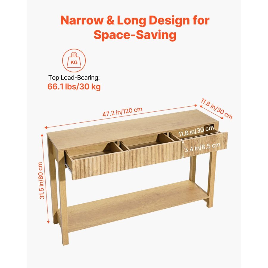 VEVOR 120 cm Console Table, Farmhouse Desk Behind the Couch with Drawers and Bottom Storage Shelf, Wooden Rectangle Entrance Narrow Sofa Table for Hallway, Bedroom, Living Room, Foyer, Burlywood