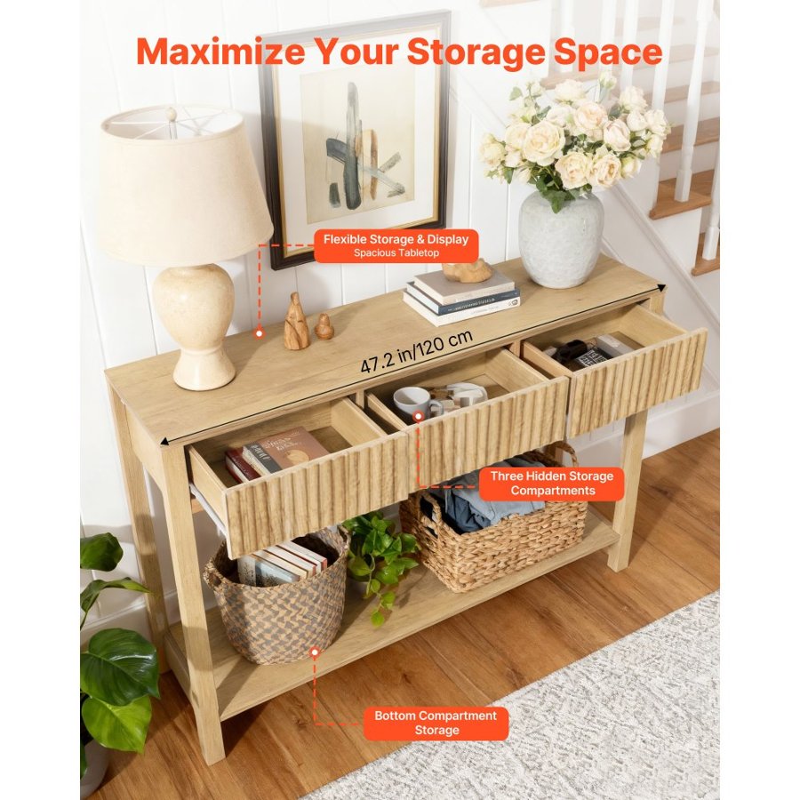 VEVOR 120 cm Console Table, Farmhouse Desk Behind the Couch with Drawers and Bottom Storage Shelf, Wooden Rectangle Entrance Narrow Sofa Table for Hallway, Bedroom, Living Room, Foyer, Burlywood