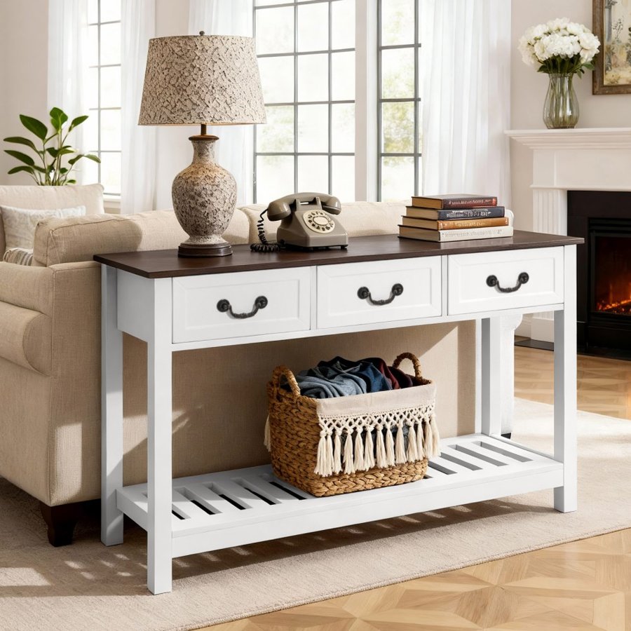 VEVOR 120 cm Console Table, Farmhouse Desk Behind the Couch with Drawers and Bottom Storage Shelf, Wooden Rectangle Entrance Narrow Sofa Table for Hallway, Bedroom, Living Room, Foyer, Brown + White