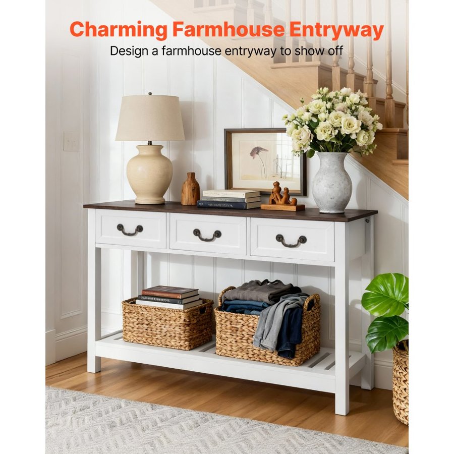 VEVOR 120 cm Console Table, Farmhouse Desk Behind the Couch with Drawers and Bottom Storage Shelf, Wooden Rectangle Entrance Narrow Sofa Table for Hallway, Bedroom, Living Room, Foyer, Brown + White