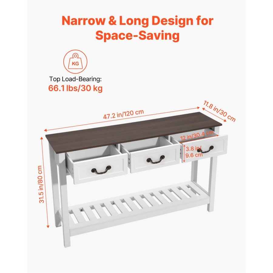 VEVOR 120 cm Console Table, Farmhouse Desk Behind the Couch with Drawers and Bottom Storage Shelf, Wooden Rectangle Entrance Narrow Sofa Table for Hallway, Bedroom, Living Room, Foyer, Brown + White