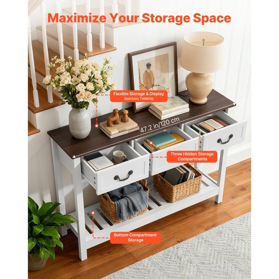 VEVOR 120 cm Console Table, Farmhouse Desk Behind the Couch with Drawers and Bottom Storage Shelf, Wooden Rectangle Entrance Narrow Sofa Table for Hallway, Bedroom, Living Room, Foyer, Brown + White