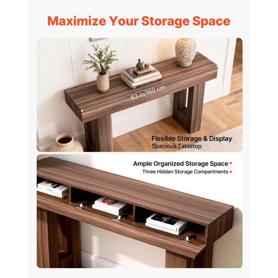 VEVOR 63 inch Console Table – 63x13.8x33.5", 0.6" Top