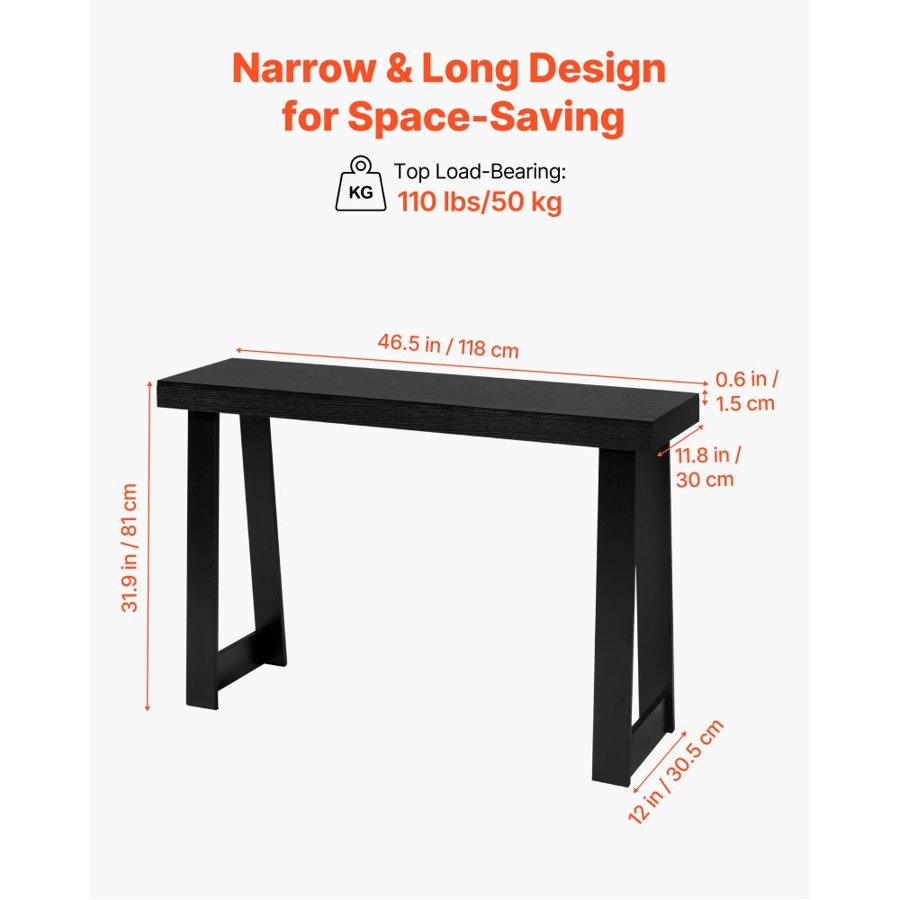 VEVOR 118 cm Console Table, Modern Desk Behind the Couch, Wooden Rectangle Entrance Desk, Narrow Long Sofa Table Accent Stand for Hallway, Bedroom, Living Room, Foyer, Easy Assembly, Black