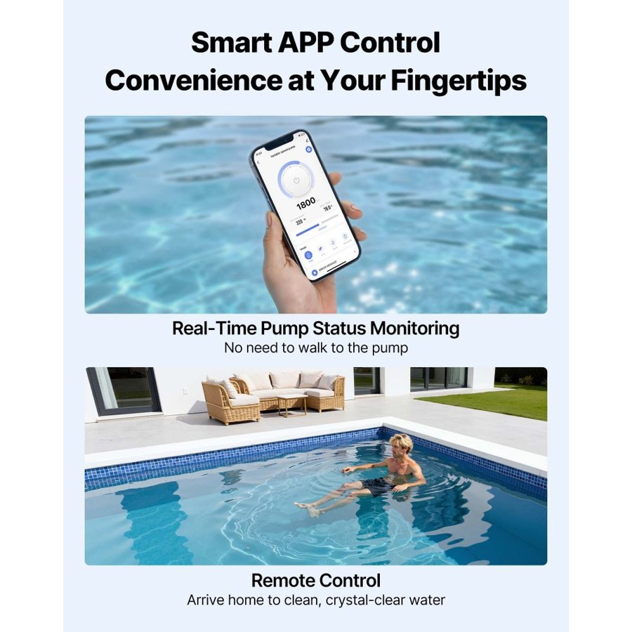 VEVOR Variable Speed Pool Pump, 1650W, AC 220-240V, 33,000 L/H, In/Above Swimming Pool Pump with Filter Basket, Powerful Self Priming, Programmable Timer, for Inground and Above Ground Swimming Pool