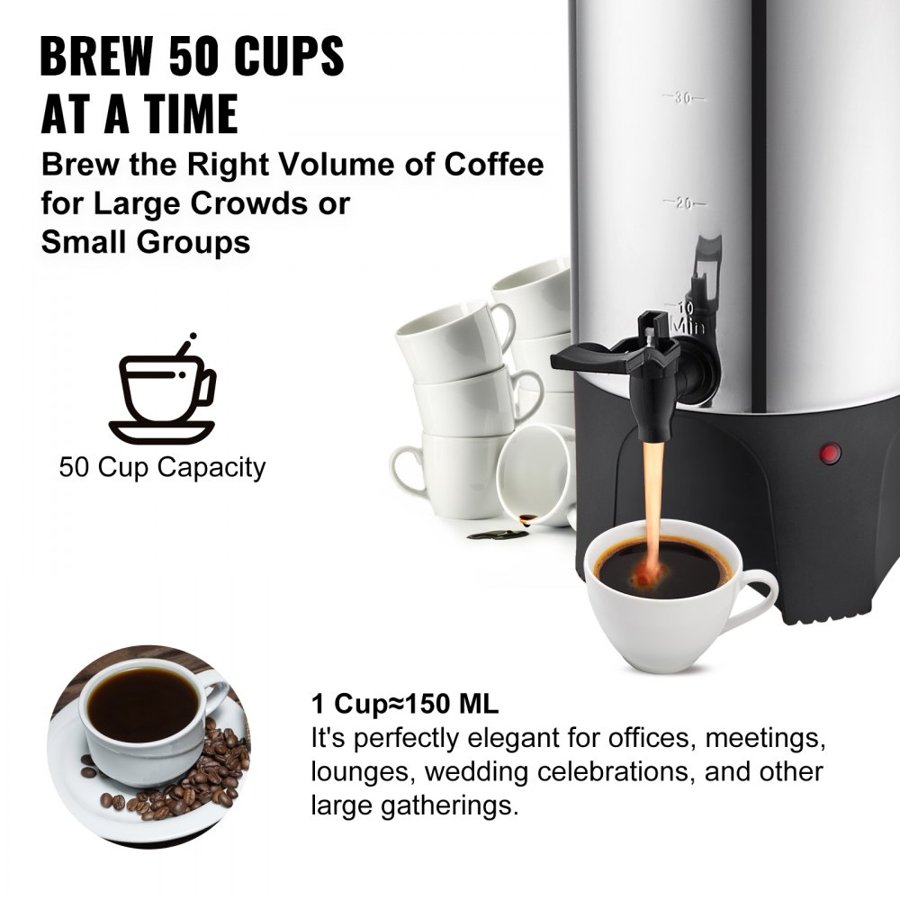 VEVOR Commercial Coffee Urn, 50 Cups Stainless Steel Large Coffee Dispenser, 1000W 220V Electric Coffee Maker Urn For Quick Brewing, Hot Water Urn with Detachable Power Cord for Easy Cleaning, Silver