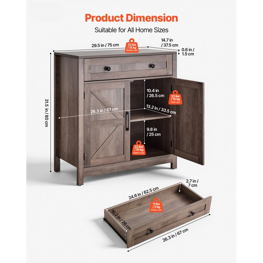 VEVOR Farmhouse Coffee Bar Cabinet – 2 Doors, 75x37.5x80 cm