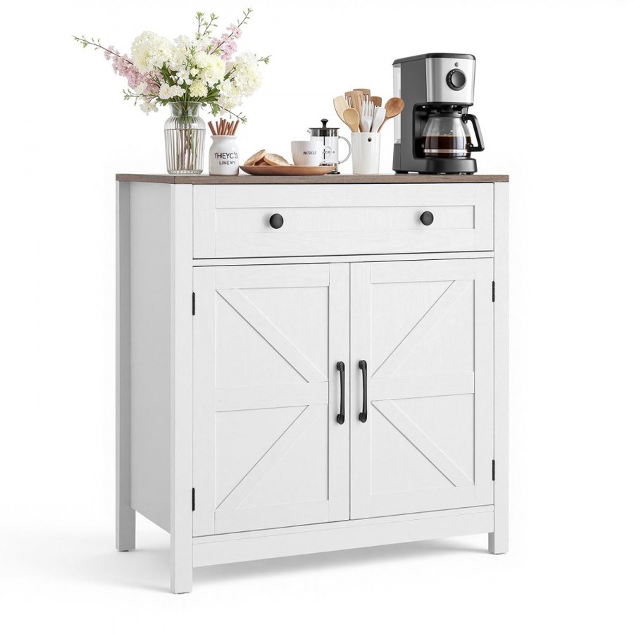 VEVOR Coffee Bar Cabinet, Farmhouse Coffee Bar Table with Drawer, Buffet Stand Cabinet with 2 Barn Door, Sideboard Buffet Station for Living Room, Entryway, Kitchen, 75 x 37.5 x 80 cm, White