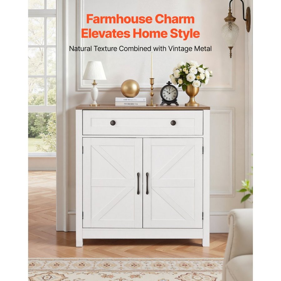VEVOR Coffee Bar Cabinet, Farmhouse Coffee Bar Table with Drawer, Buffet Stand Cabinet with 2 Barn Door, Sideboard Buffet Station for Living Room, Entryway, Kitchen, 75 x 37.5 x 80 cm, White