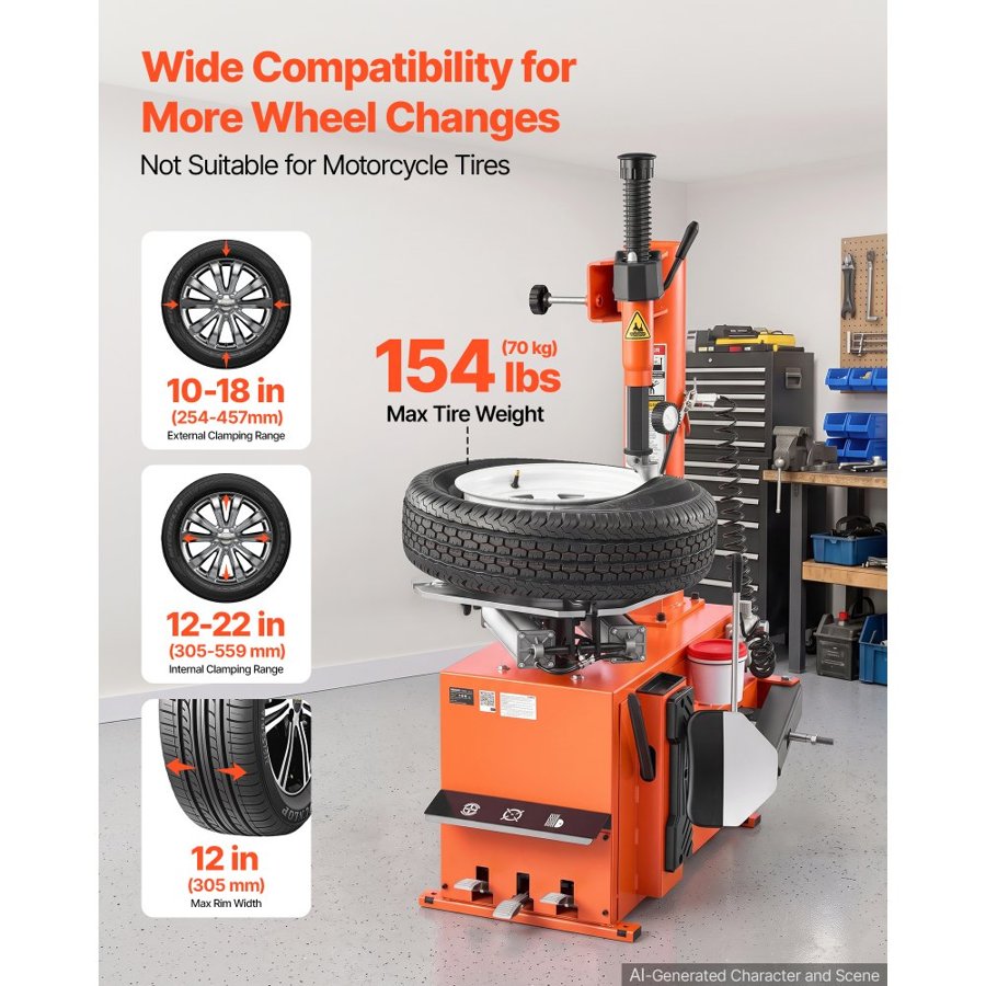 VEVOR Tire Changer Machine, 1100W Wheel Changer Tire Changing Machine, 254-457mm Outside Clamp, 305-559mm Inside Clamp, Supports 305mm Max Rim Width, Pedal Operated for Auto Shops & Home Garages