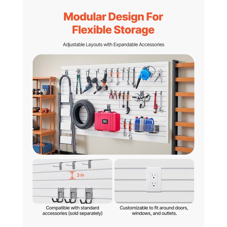 VEVOR Slat Wall Paneling, 8 x 4 ft, PVC Garage Slatwall with Accessories, White Slat Wall Easy-to-Install Adjustable Slatwall Panel with Coupling Structure & DIY Cutting, Fits for Storage & Display