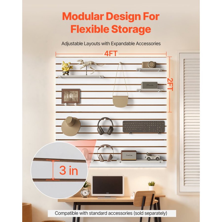VEVOR Slat Wall Paneling, 4 x 4 ft, MDF Garage Slatwall with Modular Design, White Slat Wall Easy-to-Install Adjustable Slatwall Panel with Coupling Structure & DIY Cutting, Fits for Storage & Display