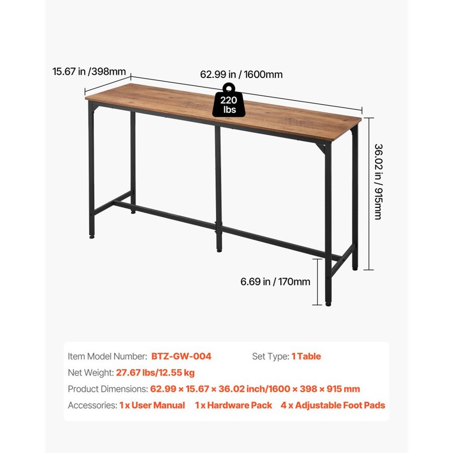 VEVOR Bar Table, 1PCS 1600.2mm Kitchen Bar Table, Tall Dining Tables with Rounded Edge, Rectangular High Top Kitchen Tables for Balcony, Living Room, Light Brown, Black, Extended Horizontal Design