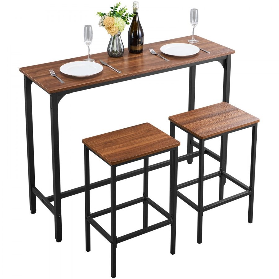VEVOR 3 Piece Bar Table Set – 47", Rounded Edge, Brown