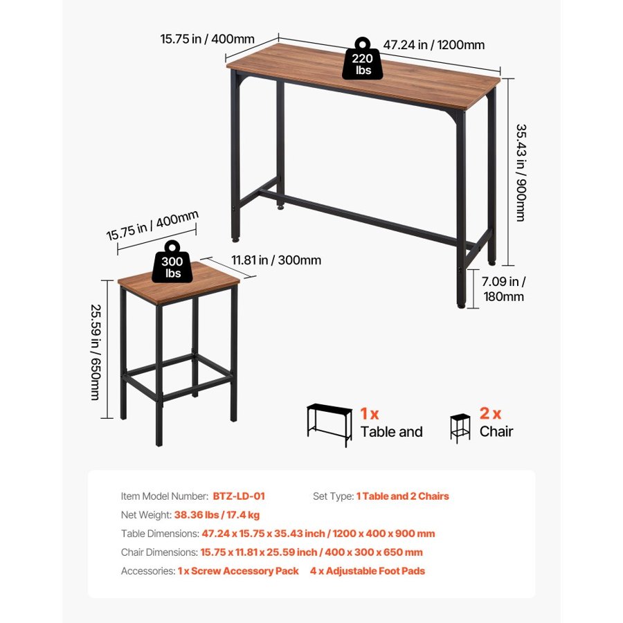 VEVOR 3 Piece Bar Table Set – 47", Rounded Edge, Brown