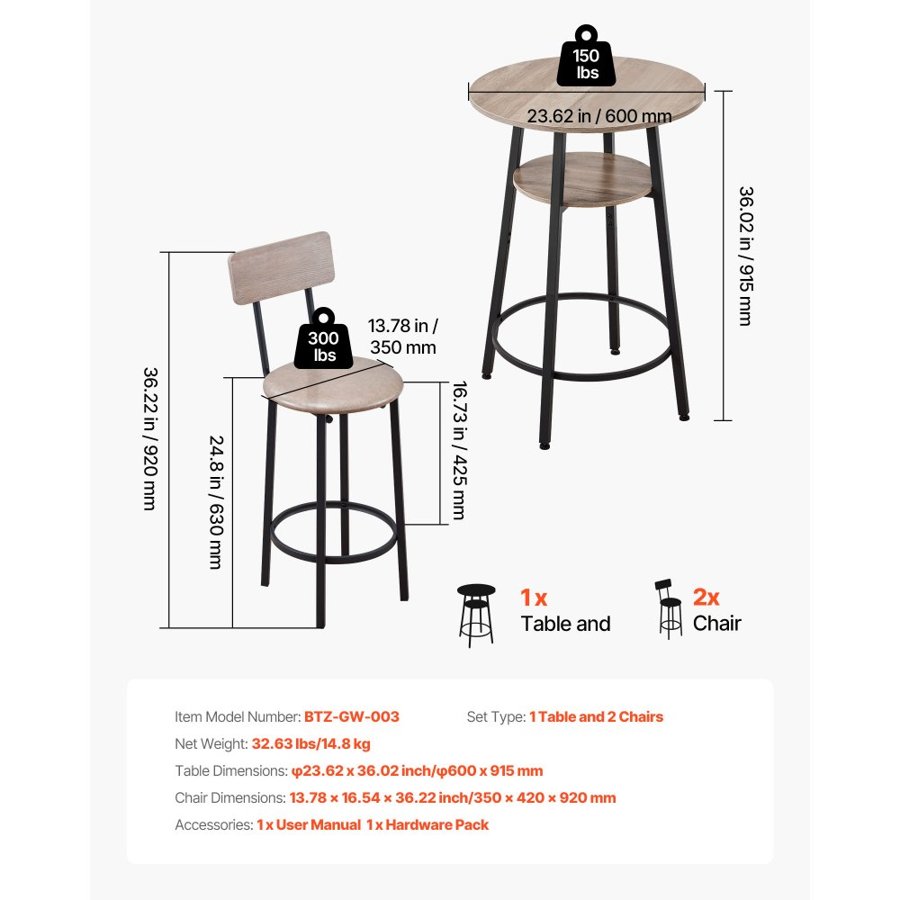 VEVOR Round Bar Table Set for 2 – 23.5", 3-Piece with Stools