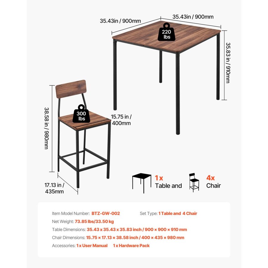 VEVOR Bar Table and Chair Set – 5 Pcs, 35" Pub Table, Walnut