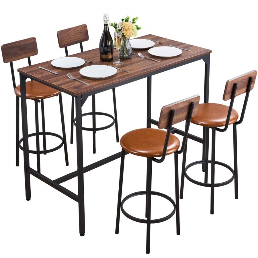 VEVOR Bar Stools and Table Sets – 5-Pc, 47", Walnut & Black