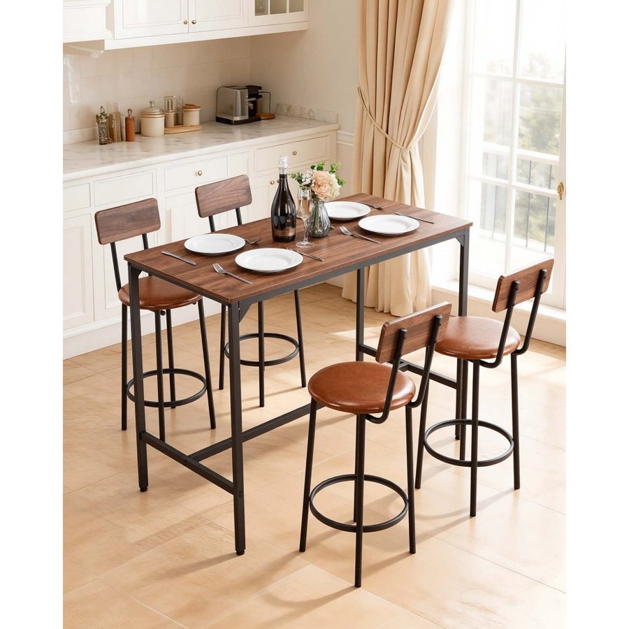 VEVOR Bar Stools and Table Sets – 5-Pc, 47", Walnut & Black