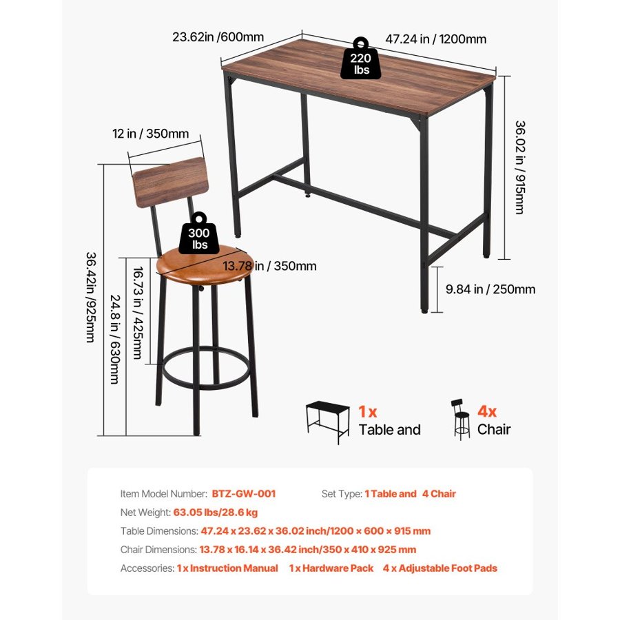VEVOR Bar Stools and Table Sets – 5-Pc, 47", Walnut & Black