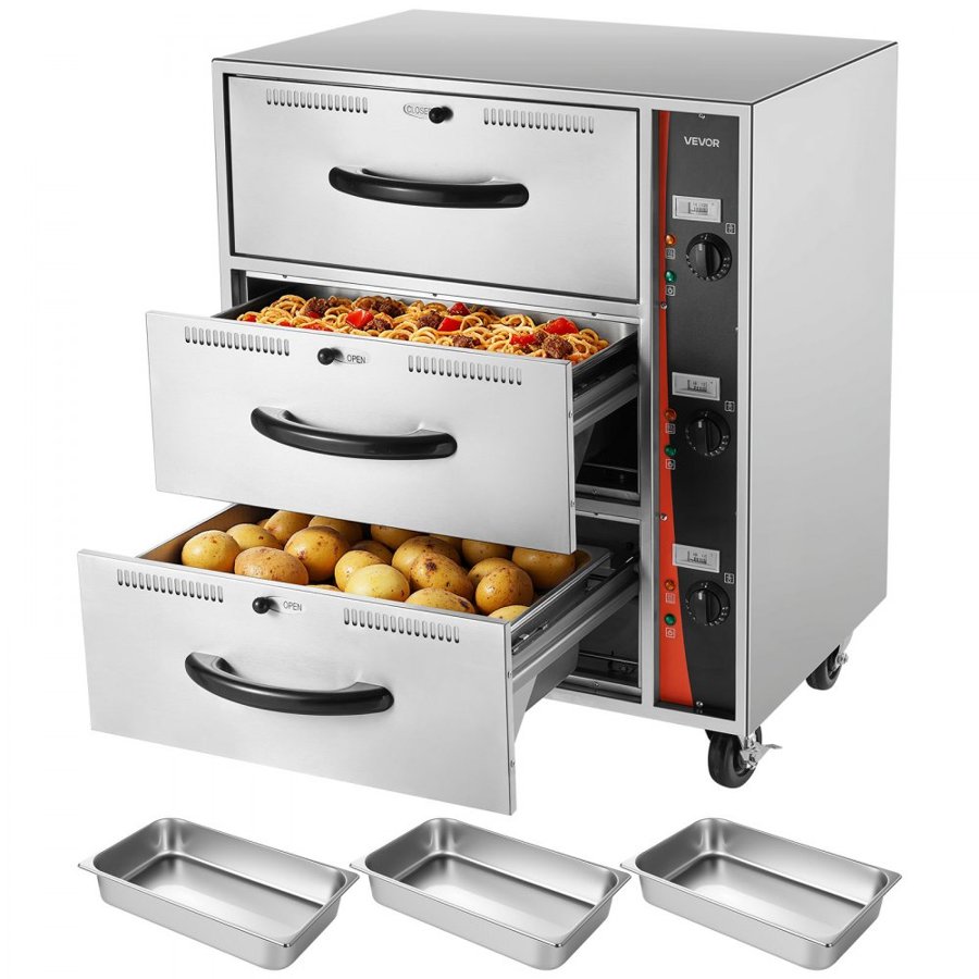 VEVOR Commercial Electric Drawer Warmer, Three-Drawer Stainless Steel Food Warmer, Freestanding Standard Warming Drawer Cabinet, 30-85℃ Wide Temperature Range, for Restaurant, Hotel Buffet & Bakery