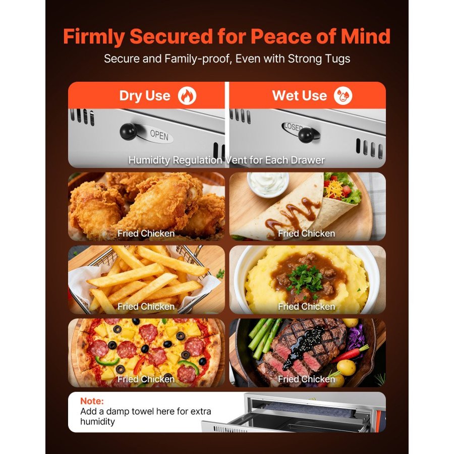 VEVOR Commercial Electric Drawer Warmer, Three-Drawer Stainless Steel Food Warmer, Freestanding Standard Warming Drawer Cabinet, 30-85℃ Wide Temperature Range, for Restaurant, Hotel Buffet & Bakery