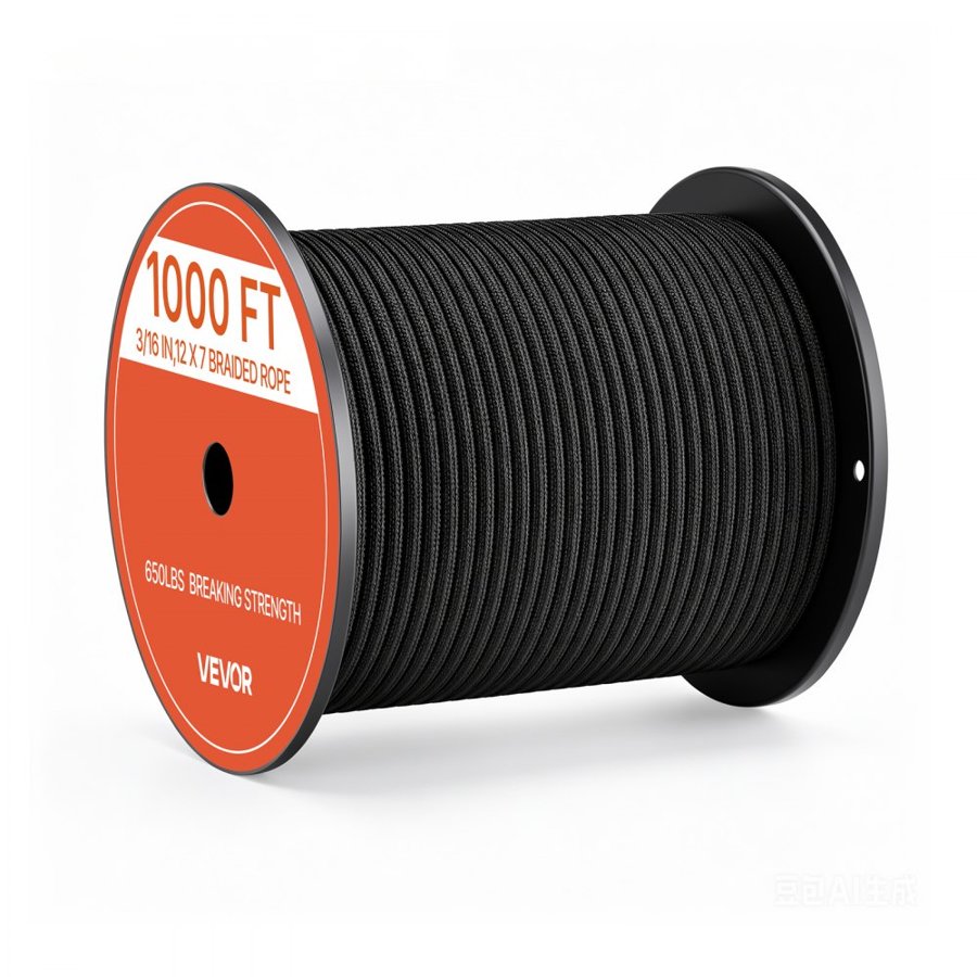 VEVOR Paracord Rope 4.7 mm x 305 m Nylon Parachute Cord 550 Tactical, Survival Cord, Heavy Duty 7 Strand, 295 kg High Breaking Strength, Utility Rope, for Outdoor Camping & Bracelets, Black
