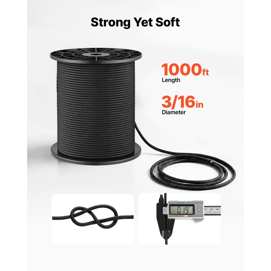 VEVOR Paracord Rope 4.7 mm x 305 m Nylon Parachute Cord 550 Tactical, Survival Cord, Heavy Duty 7 Strand, 295 kg High Breaking Strength, Utility Rope, for Outdoor Camping & Bracelets, Black