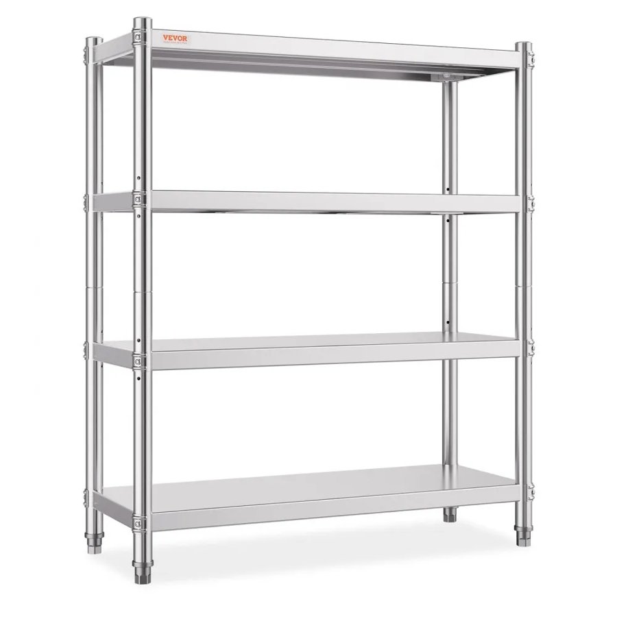 VEVOR Stainless Steel Shelving, 118.9 x 47 cm 4 Tier Adjustable Shelf Storage Unit, Stainless Steel Heavy Duty Shelving for Kitchen Commercial Office Garage Storage 149.7 kg Per Shelf