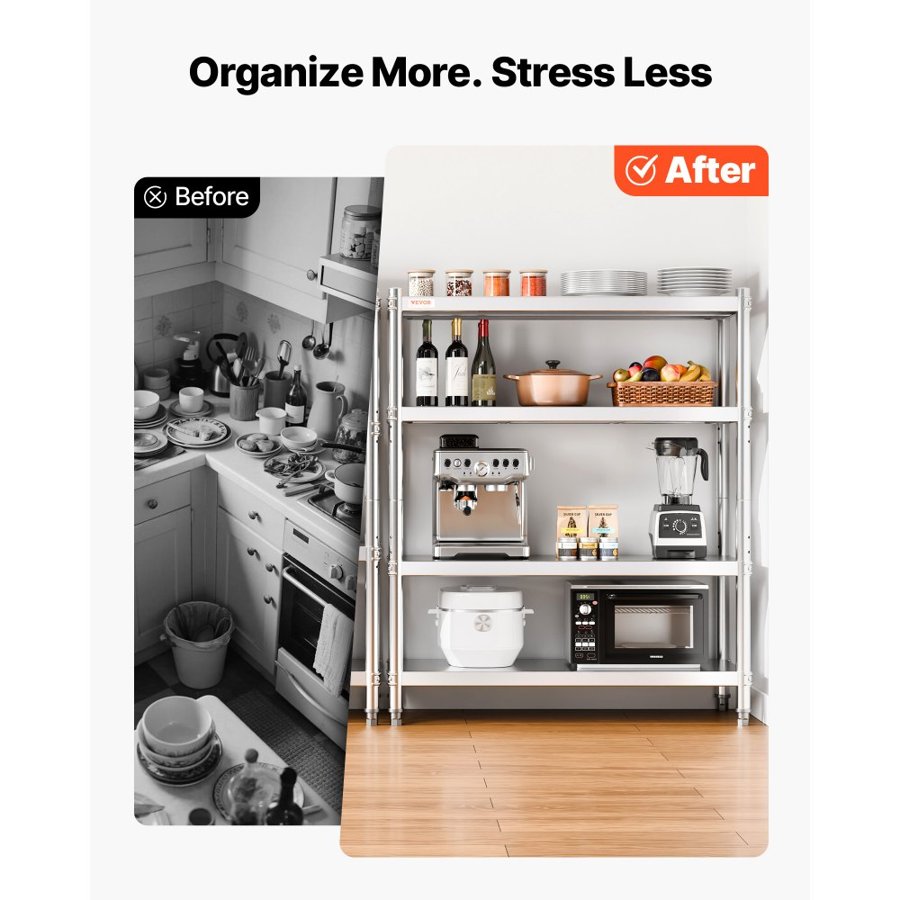 VEVOR Stainless Steel Shelving, 118.9 x 47 cm 4 Tier Adjustable Shelf Storage Unit, Stainless Steel Heavy Duty Shelving for Kitchen Commercial Office Garage Storage 149.7 kg Per Shelf