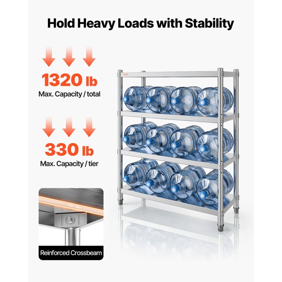 VEVOR Stainless Steel Shelving, 118.9 x 47 cm 4 Tier Adjustable Shelf Storage Unit, Stainless Steel Heavy Duty Shelving for Kitchen Commercial Office Garage Storage 149.7 kg Per Shelf