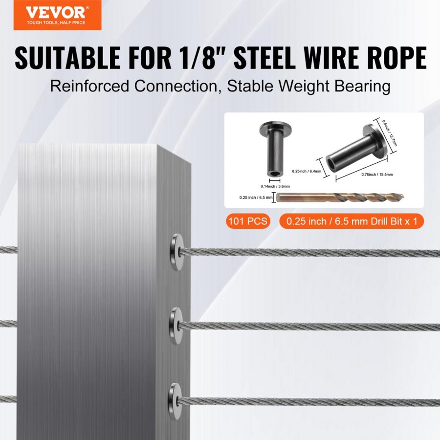 VEVOR 101 Pack T316 Stainless Steel Protector Sleeves for 3.2mm Wire Rope Cable Railing, DIY Balustrade T316 Marine Grade, Come with A Free Drill Bit, Black