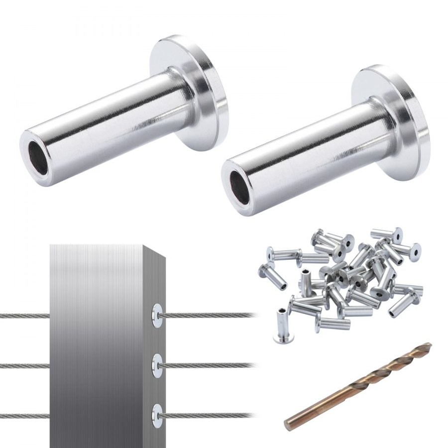 VEVOR 121 Pack T316 Stainless Steel Protector Sleeves for 3.2mm Wire Rope Cable Railing, DIY Balustrade T316 Marine Grade, Come with A Free Drill Bit, Silver
