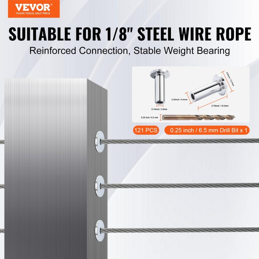VEVOR 121 Pack T316 Stainless Steel Protector Sleeves for 3.2mm Wire Rope Cable Railing, DIY Balustrade T316 Marine Grade, Come with A Free Drill Bit, Silver