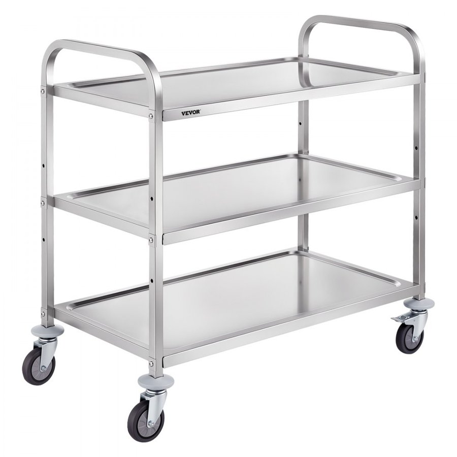 VEVOR Kitchen Utility Cart, 3 Tiers, Wire Rolling Cart with 450LBS Capacity, Steel Service Cart on Wheels, Metal Storage Trolley with 80mm Basket Curved Handle PP Liner 6 Hooks, for Indoor and Outdoor